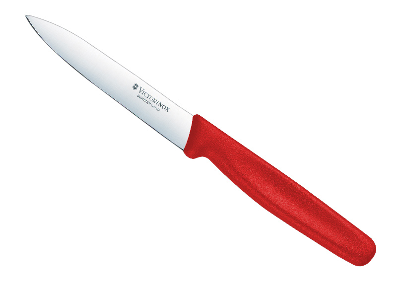 Couteau office Victorinox, lame 10 cm inox pointe milieu, manche polypropylène rouge