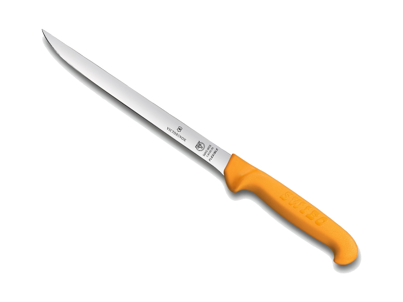 Couteau filet de sole SWIBO, lame flexible 20 cm inox, manche étroit grillon® jaune.