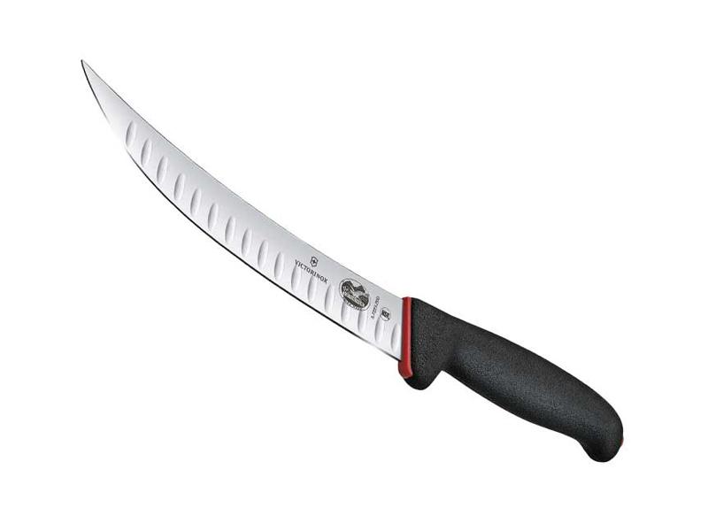 Couteau abattre/boucher Victorinox  Dual Grip, lame étroite alvéolée 20 cm inox, dos renversé - manche bi-matière noir/rouge