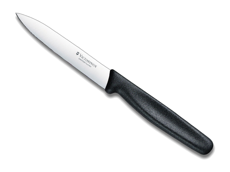 Couteau office Victorinox, lame 10 cm inox pointe milieu, manche polypropylène noir.