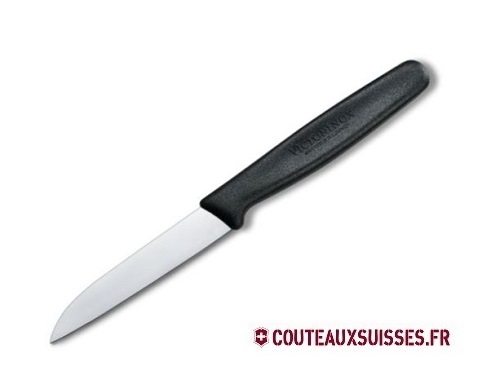 Couteau office Victorinox, lame 8 cm inox pointe rabattue, manche polypropylène noir.