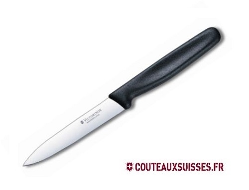 Couteau office Victorinox, lame 10 cm inox pointe milieu, manche polypropylène noir.