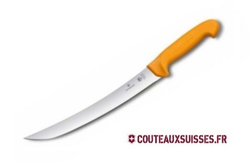 Couteau de boucher Swibo, lame dos renversé étroite 26 cm - manche jaune grillon