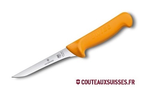 Couteau désosser Swibo, lame étroite flexible usée 16 cm inox, dos droit, manche grillon® jaune.