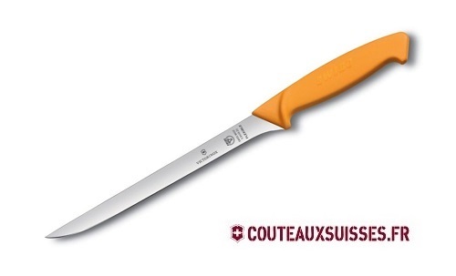 Couteau filet de sole SWIBO, lame flexible 20 cm inox, manche étroit grillon® jaune.