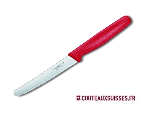 Couteau de table/tomates Victorinox, lame crantée 11 cm inox bout rond, manche polypropylène rouge