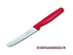 Couteau de table/tomates Victorinox, lame crantée 11 cm inox bout rond, manche polypropylène rouge